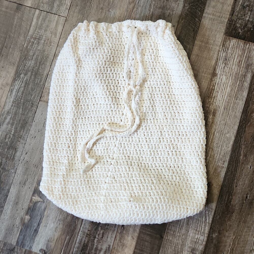 Crocheted Cream‎ Colored Open Knit Hobo Bag Purse Drawstring Boho Hippie